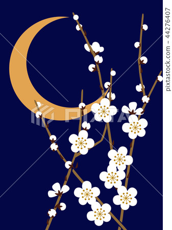 月亮和白色李子開花的圖像。新的彈簧材料。日本模式梅花。 44276407