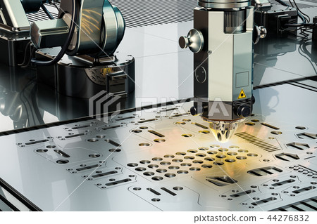 Laser cutting by robotic arm closeup, 3D rendering 44276832