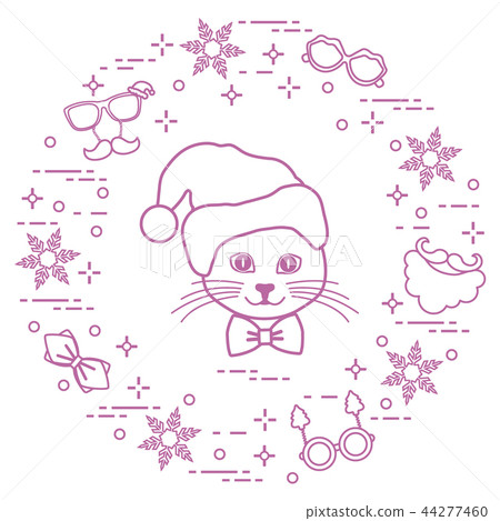 Muzzle of cat in Christmas hat and carnival masks, Muzzle of cat in Christmas hat and carnival masks, 44277460