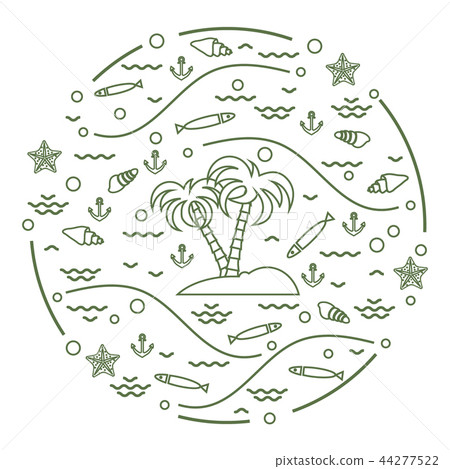 fish, island with palm trees, anchor, waves, fish, island with palm trees, anchor, waves, 44277522