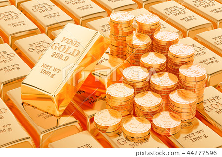 Background from gold ingots and golden coins 44277596