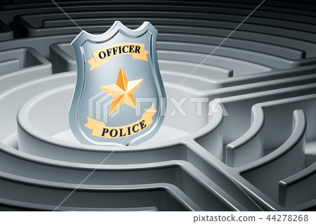 Police badge inside labyrinth maze. 3D rendering Police badge inside labyrinth maze. 3D rendering 44278268