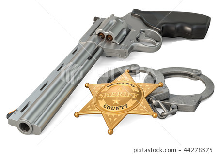 Sheriff star badge, revolver and handcuffs Sheriff star badge, revolver and handcuffs 44278375
