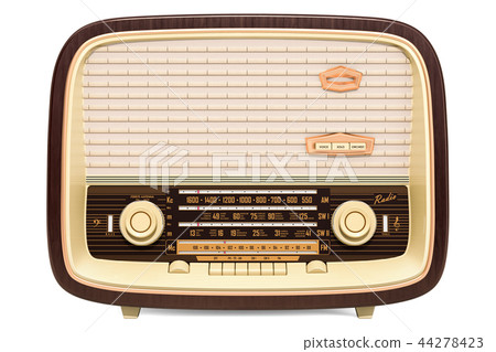 Vintage radio receiver front view, 3D rendering Vintage radio receiver front view, 3D rendering 44278423