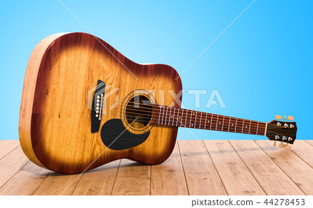 Wooden guitar on the wooden table. 3D rendering Wooden guitar on the wooden table. 3D rendering 44278453