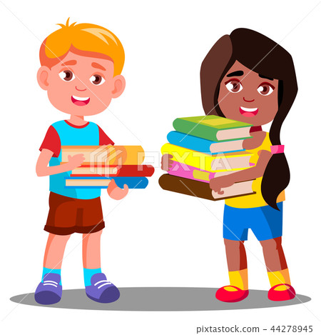 Child Is Carrying A Heavy Pile Of Books Vector. Isolated Illustration Child Is Carrying A Heavy Pile Of Books Vector. Isolated Illustration 44278945