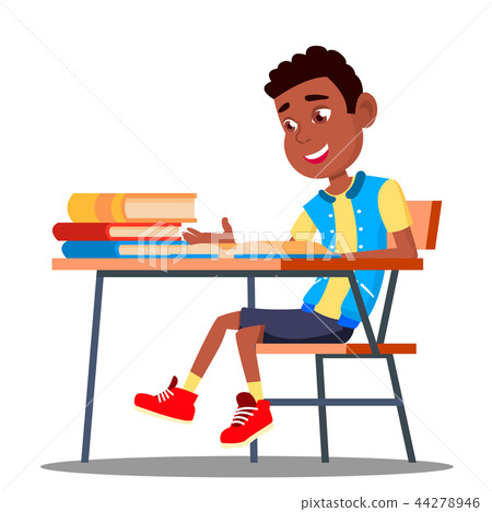 Little Pupil At A Desk Reading Book In The Classroom Vector. Black, Afro American. Isolated Little Pupil At A Desk Reading Book In The Classroom Vector. Black, Afro American. Isolated 44278946