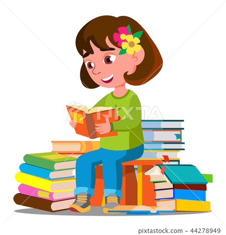Child Sitting With A Lot Of Books In The Library Vector. Isolated Illustration Child Sitting With A Lot Of Books In The Library Vector. Isolated Illustration 44278949