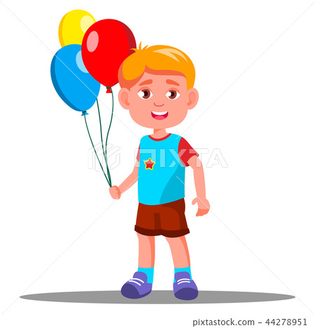 Happy Child With Colorful Balloons In Hands Vector. Isolated Illustration 44278951