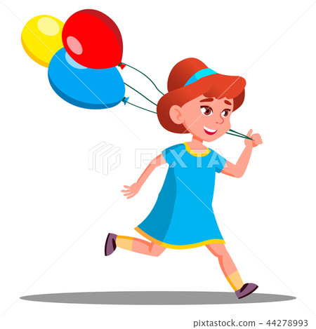 Little Girl Running With Colored Balloon Vector. Isolated Illustration 44278993