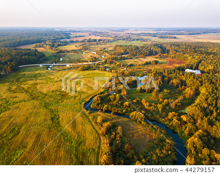 Autumn sunset rural aerial view with meadows,river Autumn sunset rural aerial view with meadows,river 44279157