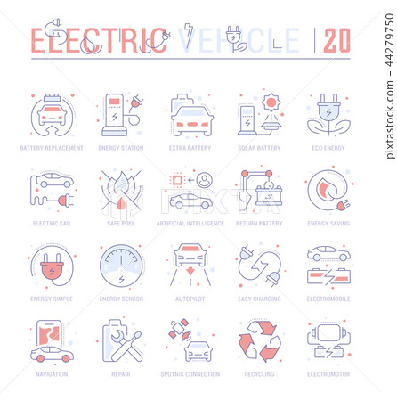 Set Blue Line Icons of Electric Vehicle. 44279750