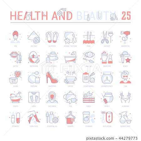 Set Blue Line Icons of Health and Beauty. 44279773