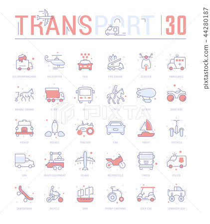 Set Blue Line Icons of Means of Transport. 44280187