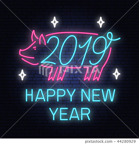 2019 Happy New Year Neon sign with Pig. Vector Illustration. For New 2019 Year Design template for 2019 Happy New Year Neon sign with Pig. Vector Illustration. For New 2019 Year Design template for 44280929