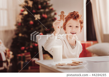 Portrait of joyful child keeping a cookie in hand 44284285