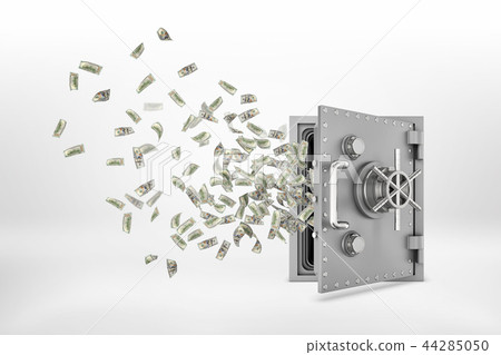 3d rendering of a semi-opened steel safe box with many paper dollar banknotes flying out of it. 3d rendering of a semi-opened steel safe box with many paper dollar banknotes flying out of it. 44285050