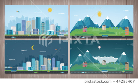 Modern city with suburban landscape. Building and architecture set. Modern city and suburb. Vector 44285407
