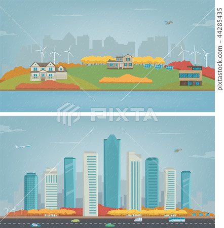 Autumn City landscape and suburban landscape. Building architecture, cityscape town. Modern city and 44285435
