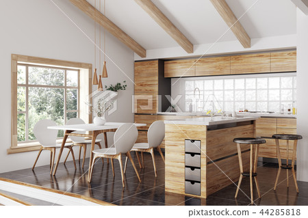Modern wooden kitchen interior 3d rendering 44285818