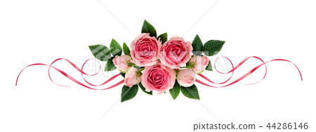 Pink rose flowers and satin ribbons in arrangement 44286146