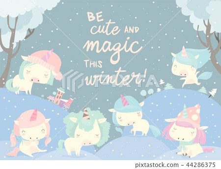 Funny unicorns in snow forest. Magic winter Funny unicorns in snow forest. Magic winter 44286375
