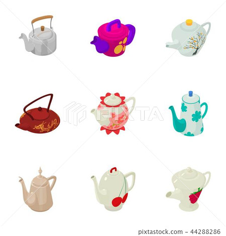 Brewing teapot icons set, cartoon style Brewing teapot icons set, cartoon style 44288286