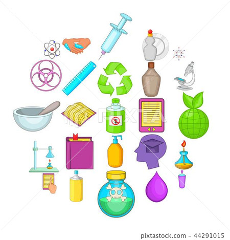 Chemical experience icons set, cartoon style Chemical experience icons set, cartoon style 44291015