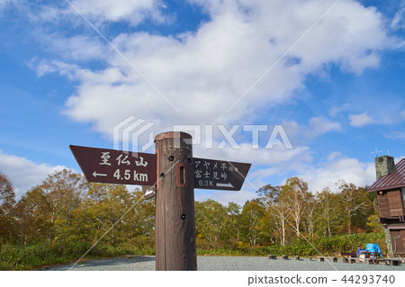 Signpost of autumn Oze pigeon waiting Signpost of autumn Oze pigeon waiting 44293740