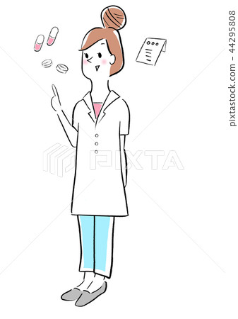 Pharmacist explaining index finger woman 44295808