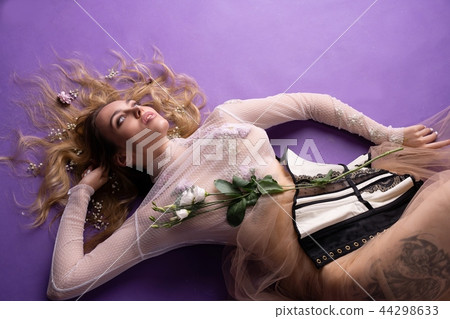 Gorgeous woman with long locks high angle shot 44298633