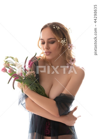 Gorgeous sexy woman with flowers isolated shot 44298635