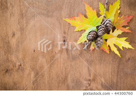 Autumn leaves and cones over wooden background 44300760