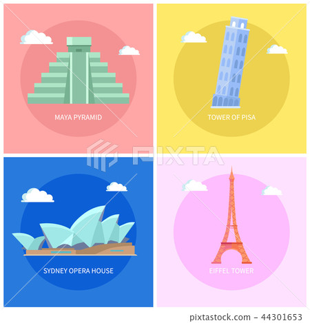 Maya Pyramid and Pisa Tower Vector Illustration 44301653
