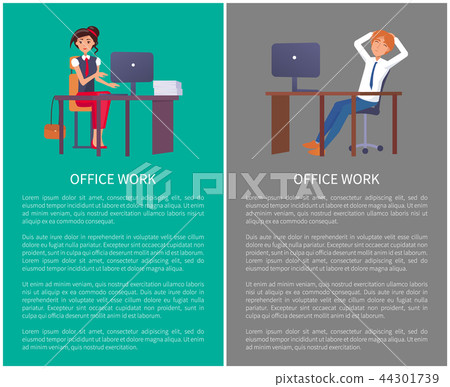 Office Work Poster Man Woman at Workplace Vector Office Work Poster Man Woman at Workplace Vector 44301739