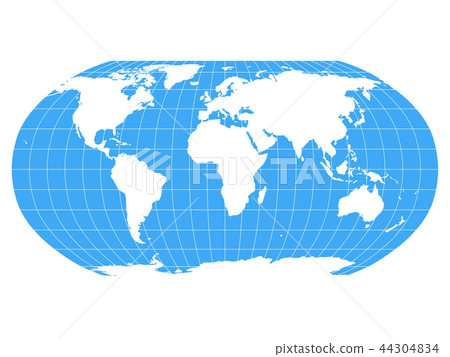 World Map in Robinson Projection with meridians and parallels grid. White land and blue seas and 44304834