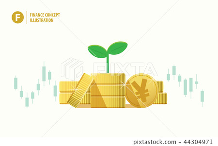 coin piles yen currency and plant sapling on top 44304971
