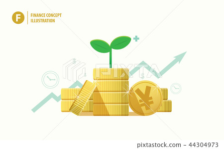 coin piles yen currency and plant sapling on top coin piles yen currency and plant sapling on top 44304973
