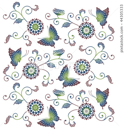 蝴蝶和花的日本式樣式例證 44305333