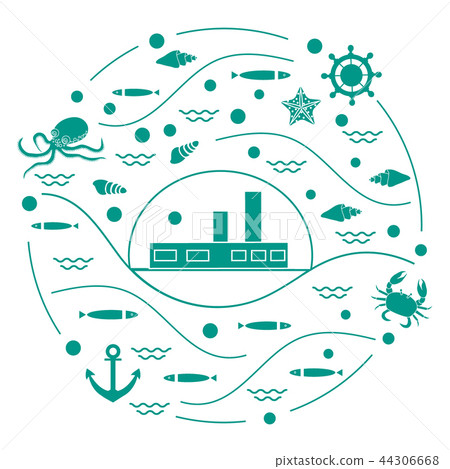 ship, octopus, fish, anchor, helm, waves, ship, octopus, fish, anchor, helm, waves, 44306668