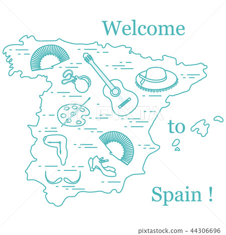various symbols of Spain arranged in a circle 44306696