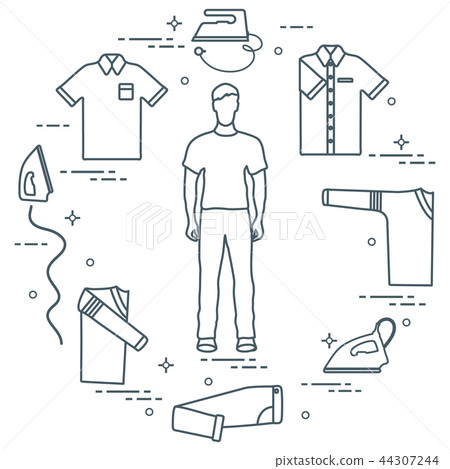 Silhouette of a man, irons and different clothes Silhouette of a man, irons and different clothes 44307244
