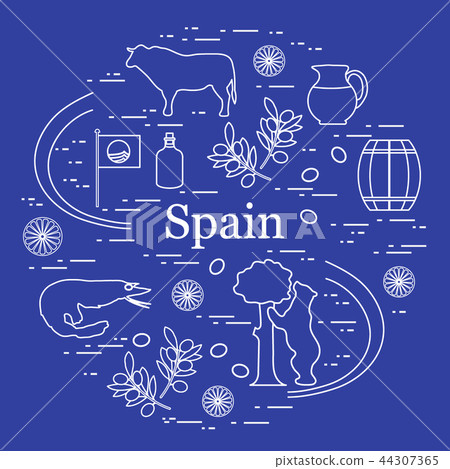 various symbols of Spain arranged in a circle various symbols of Spain arranged in a circle 44307365