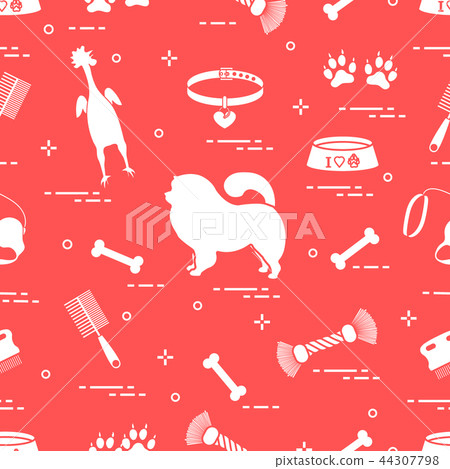 Pattern of silhouette chow-chow dog, bowl, bone, Pattern of silhouette chow-chow dog, bowl, bone, 44307798
