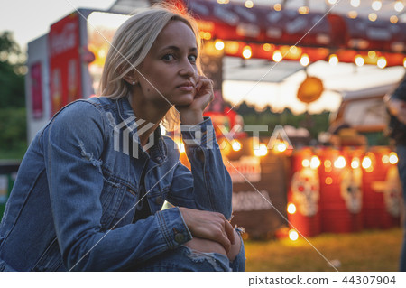 abstract blur image of food stall at day festival for background usage. 44307904