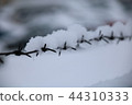 barbed wire fence on winter time backgruond white snow 44310333