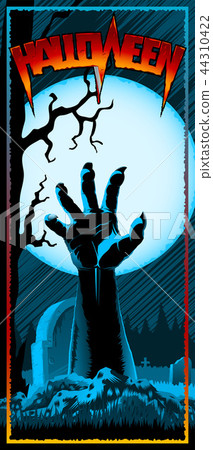 Hand of zombie raised up from grave on background with full Moon. Template design of invitation card, leaflet, banner, flyer for Halloween holiday from vector graphic illustration. Size 3.66x8.5 inch Hand of zombie raised up from grave on background with full Moon. Template design of invitation card, leaflet, banner, flyer for Halloween holiday from vector graphic illustration. Size 3.66x8.5 inch 44310422