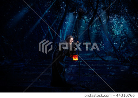 Witch in night forest with raven version 44310766