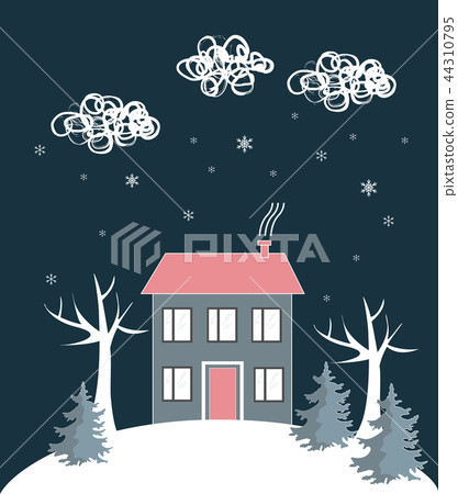 插图素材: cartoon winter landscape, with house and snow hill.