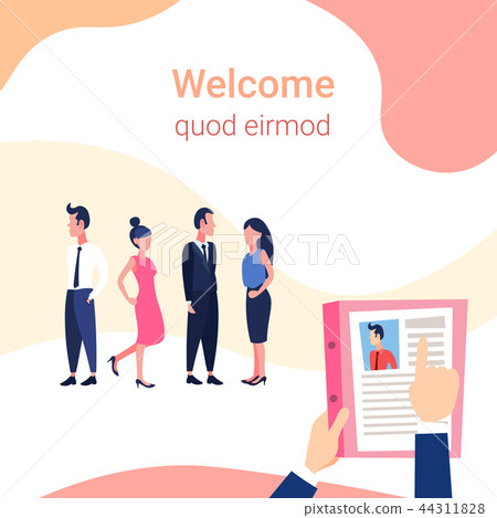 hr hand hold cv resume of businessman over group business people choose candidate for vacancy job 44311828